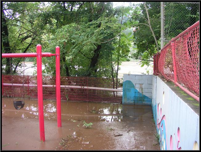 Flooded play equipment at Venice Island Rec Center