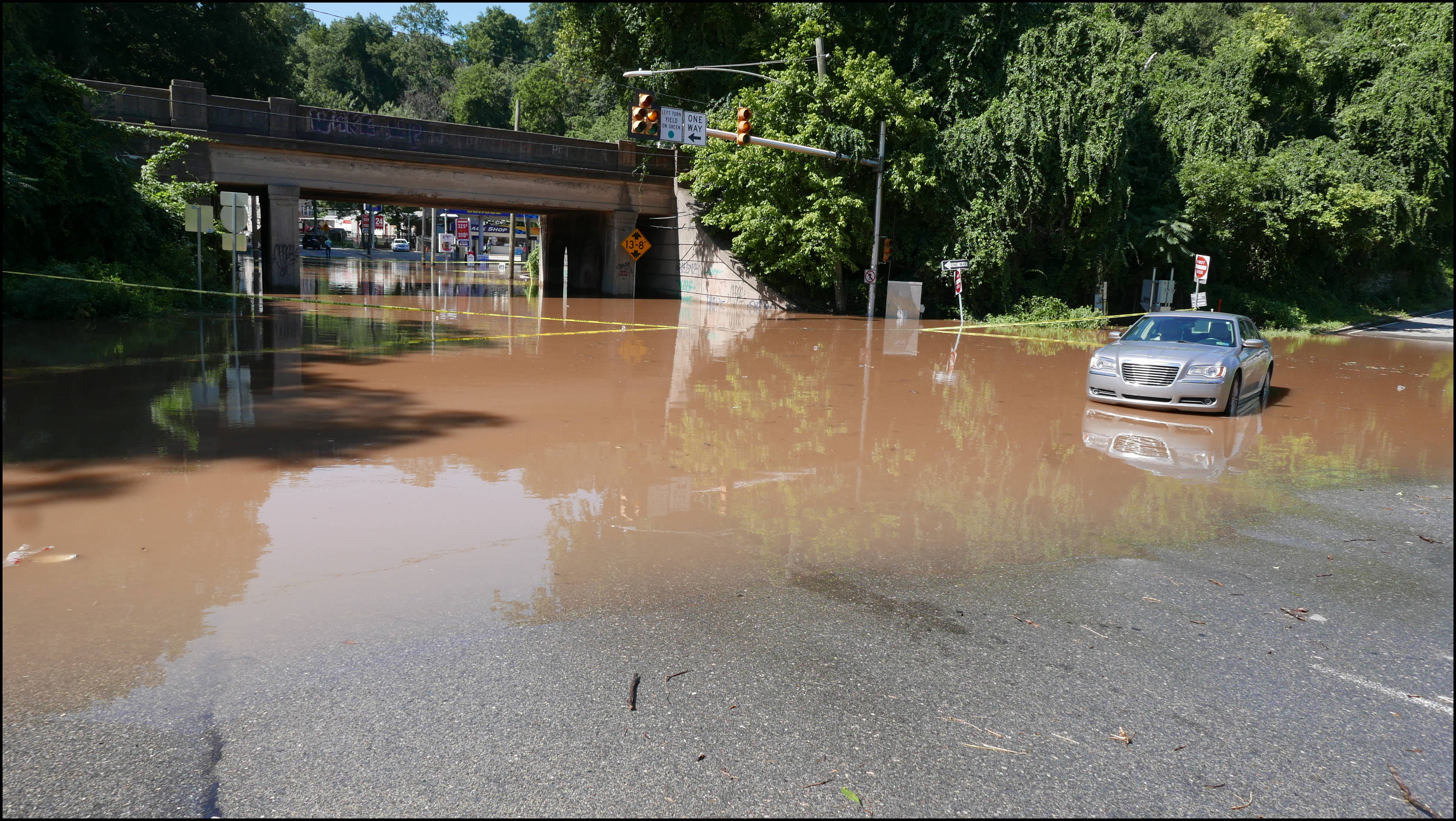 Views from the Green Lane bridge -- Montgomery County side of the bridge. Northbound exit and Southbound Entrance to the Schyulkill Expressway (78) flooded.