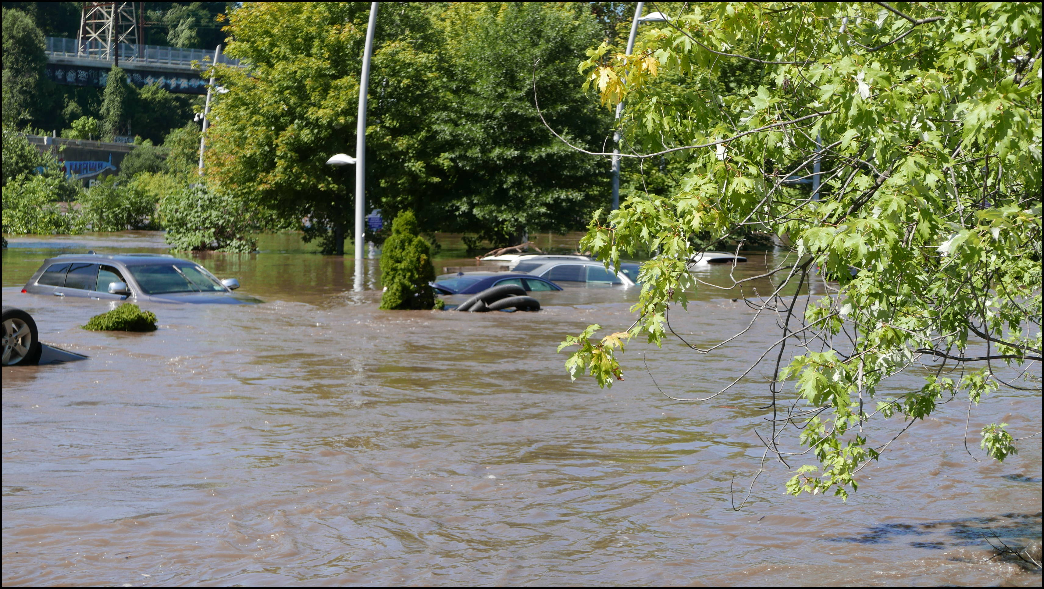 Cotton Street and the canal -- Flooded cars in the Rec Center parking lot