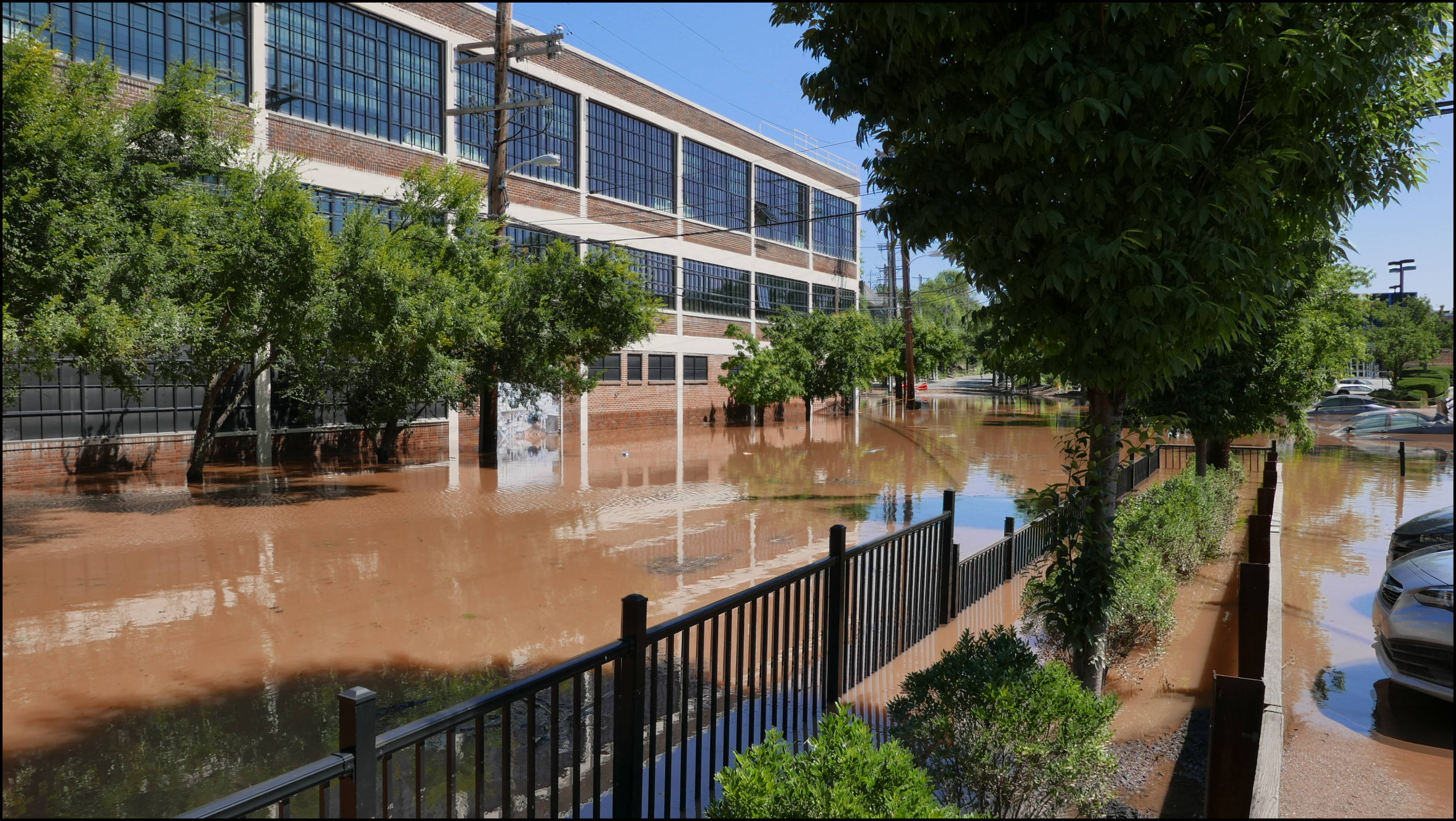 Southern limit of flooding on Main Street -- Yarn Factory Lofts (Wilde Yarn)