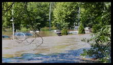 Rector Street and the canal -- VI Rec Center and flooded cars.