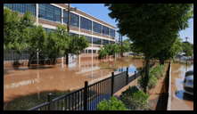 Southern limit of flooding on Main Street -- Yarn Factory Lofts (Wilde Yarn)